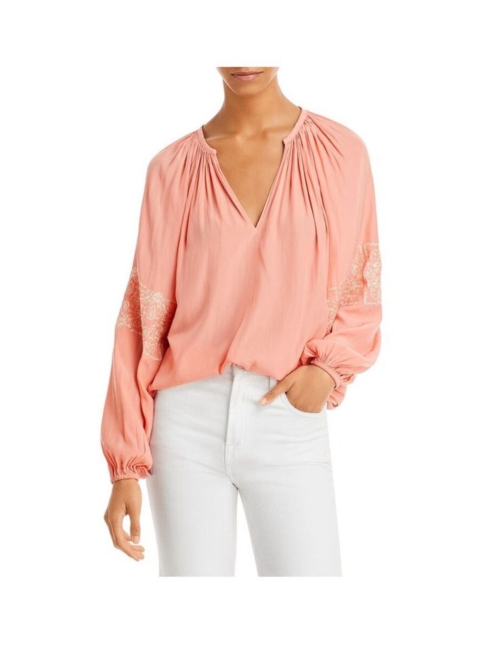 Ramy Brook Coral Peasant V-Neck Blouse with Embroidered Sleeves